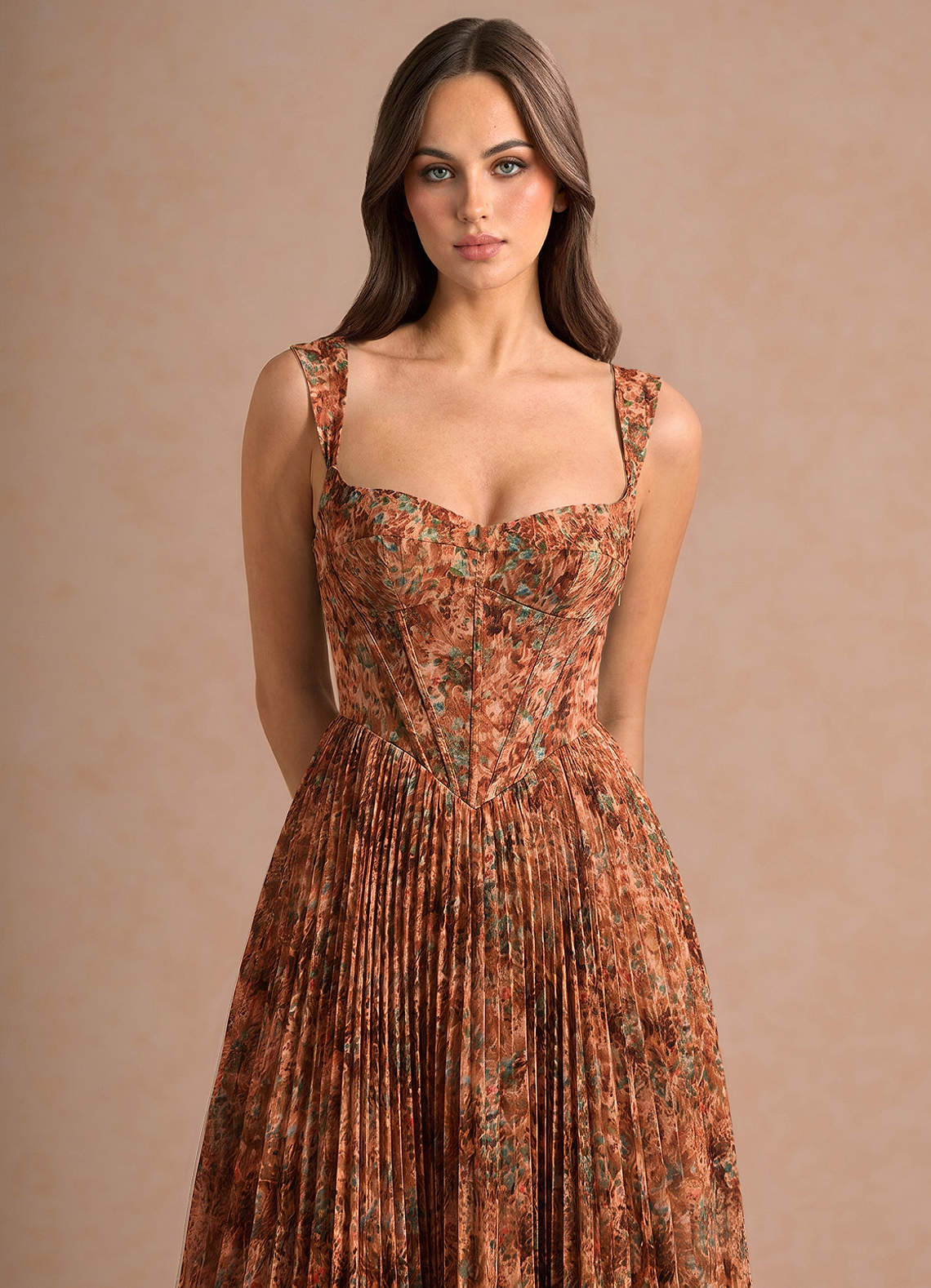 orange formal midi dress Maelle Floral strapless sweetheart
