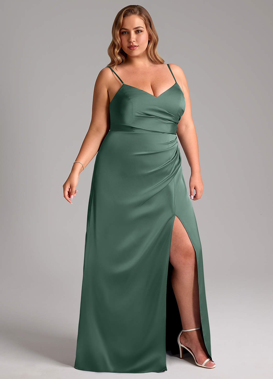 Azazie Azuree Vestidos de madrinha de casamento Vestido Eucalipto de Cetim elástico de Linha A com Plissado image3