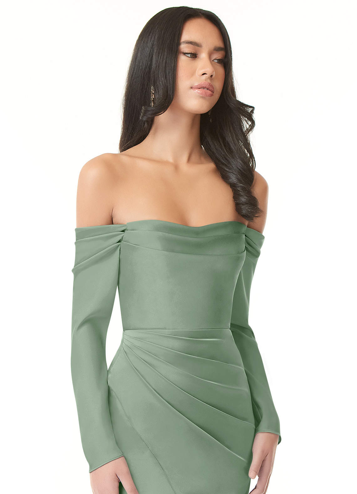 Azazie Hallie Bridesmaid Dresses Matcha Sheath Off-The-Shoulder Long Sleeve Stretch Satin Convertible Dress image1