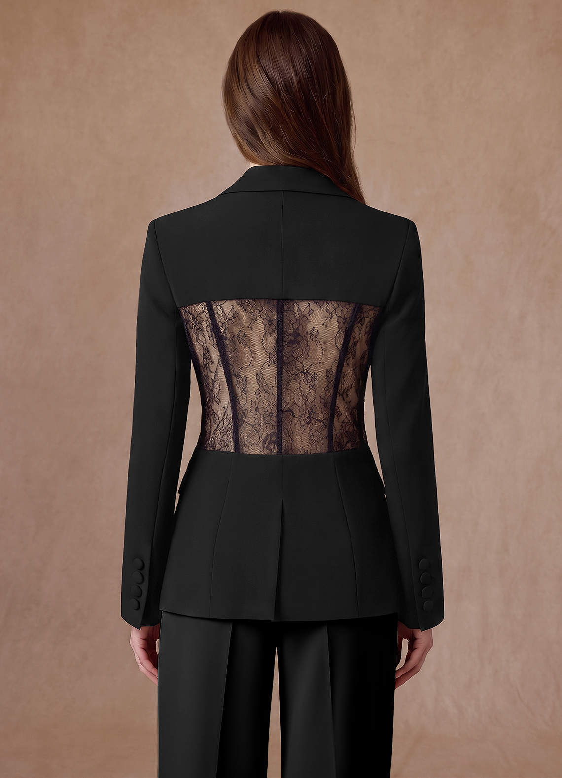 front Juliette Black Refined Weave Lace Panel Pantsuit