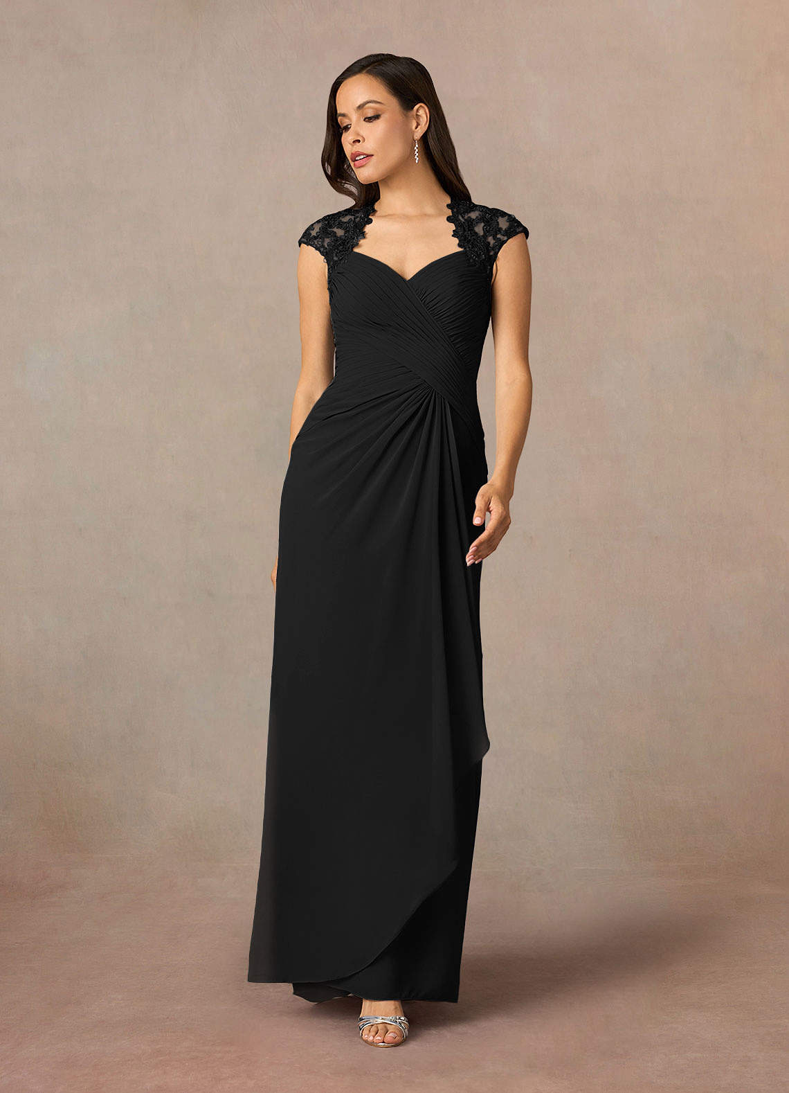 Azazie Birdie Black A-Line Queen Anne Sequins Chiffon Dress