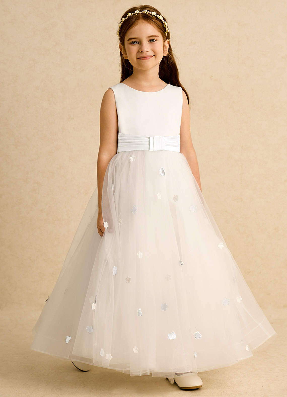Azazie Cricket Flower Girl Dresses Ivory Ball-Gown Pleated Matte Satin Dress image5