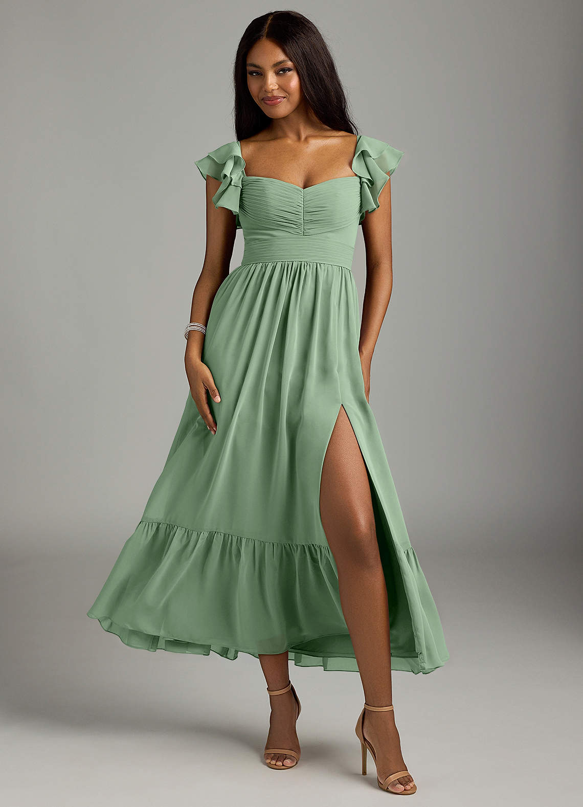 Azazie Anaya Bridesmaid Dresses Matcha A-Line Pleated Chiffon Dress image1
