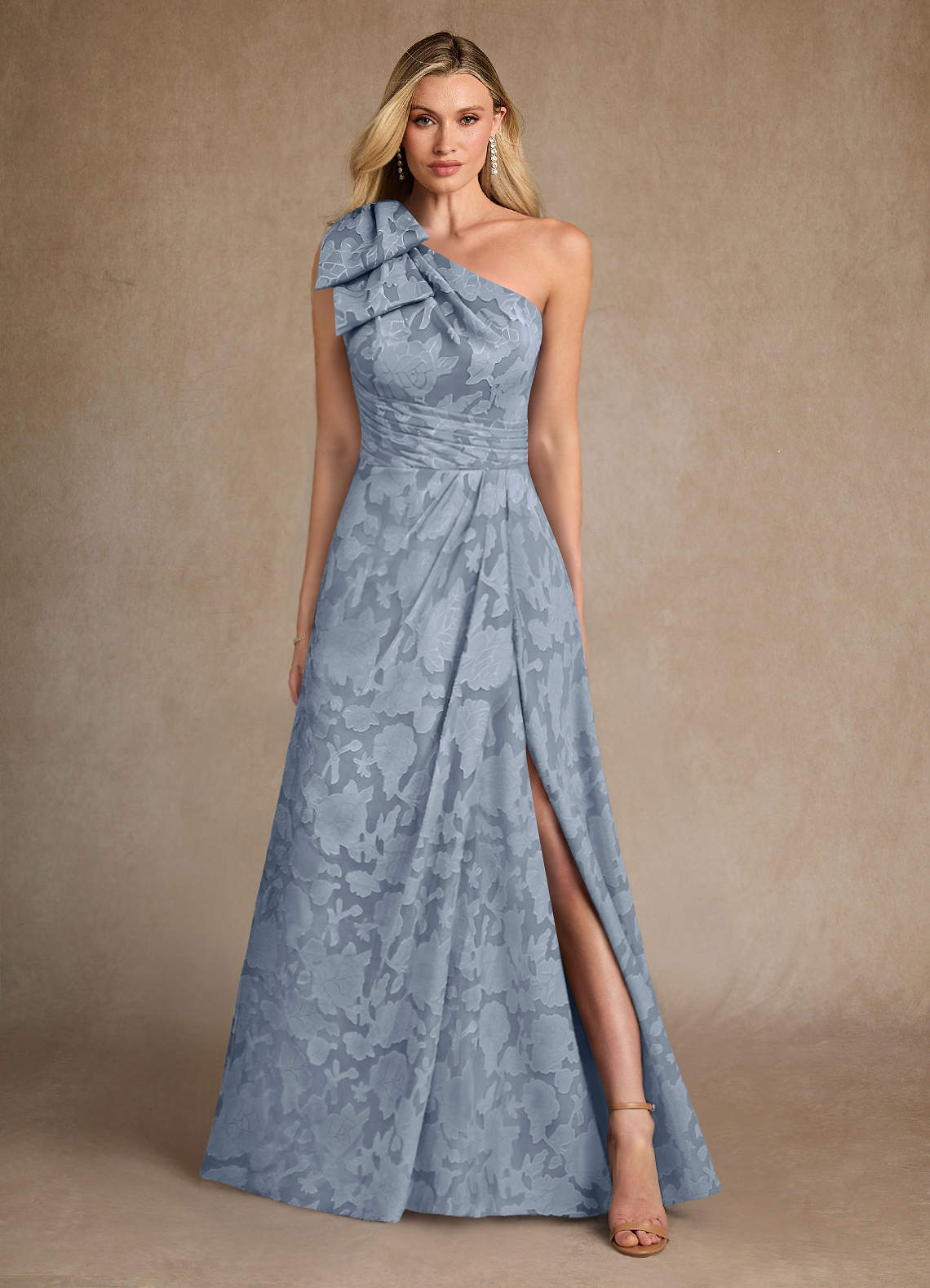 Azazie Easton Mother of the Bride Dresses Dusty Blue Ball-Gown One Shoulder Floral Burnout Dress image1