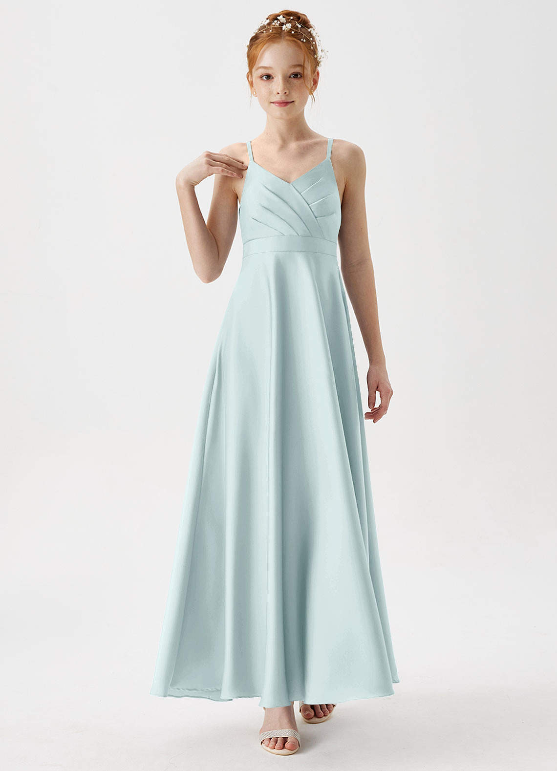 Azazie Avelina Junior Vestido de Neblina de Satén Elástico de Corte en A con Plisado image3