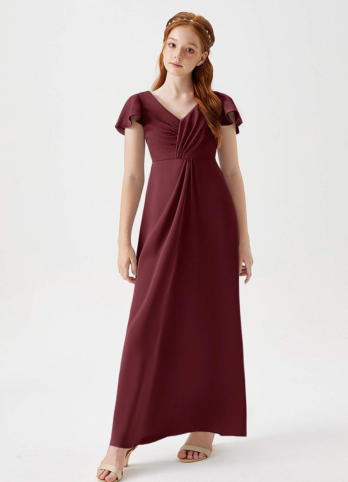 Azazie Soren Junior Abito A-Line in Raso Elasticizzato Increspato Cabernet image3