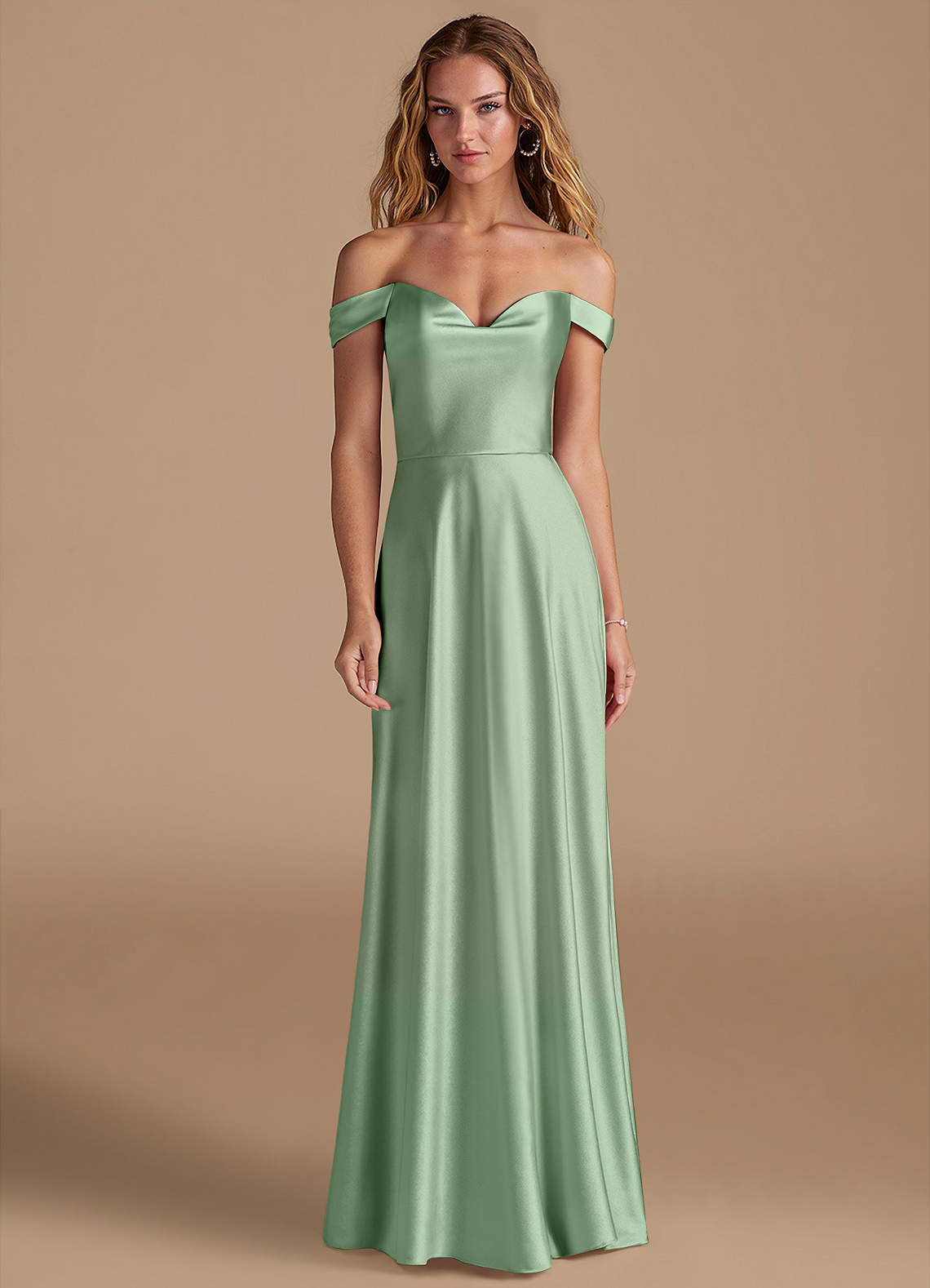 Azazie Jackalin Vestidos de damas de honor Vestido de Matcha de Satén Metálico de Corte en A Convertible con Vestidos sin tirantes image1