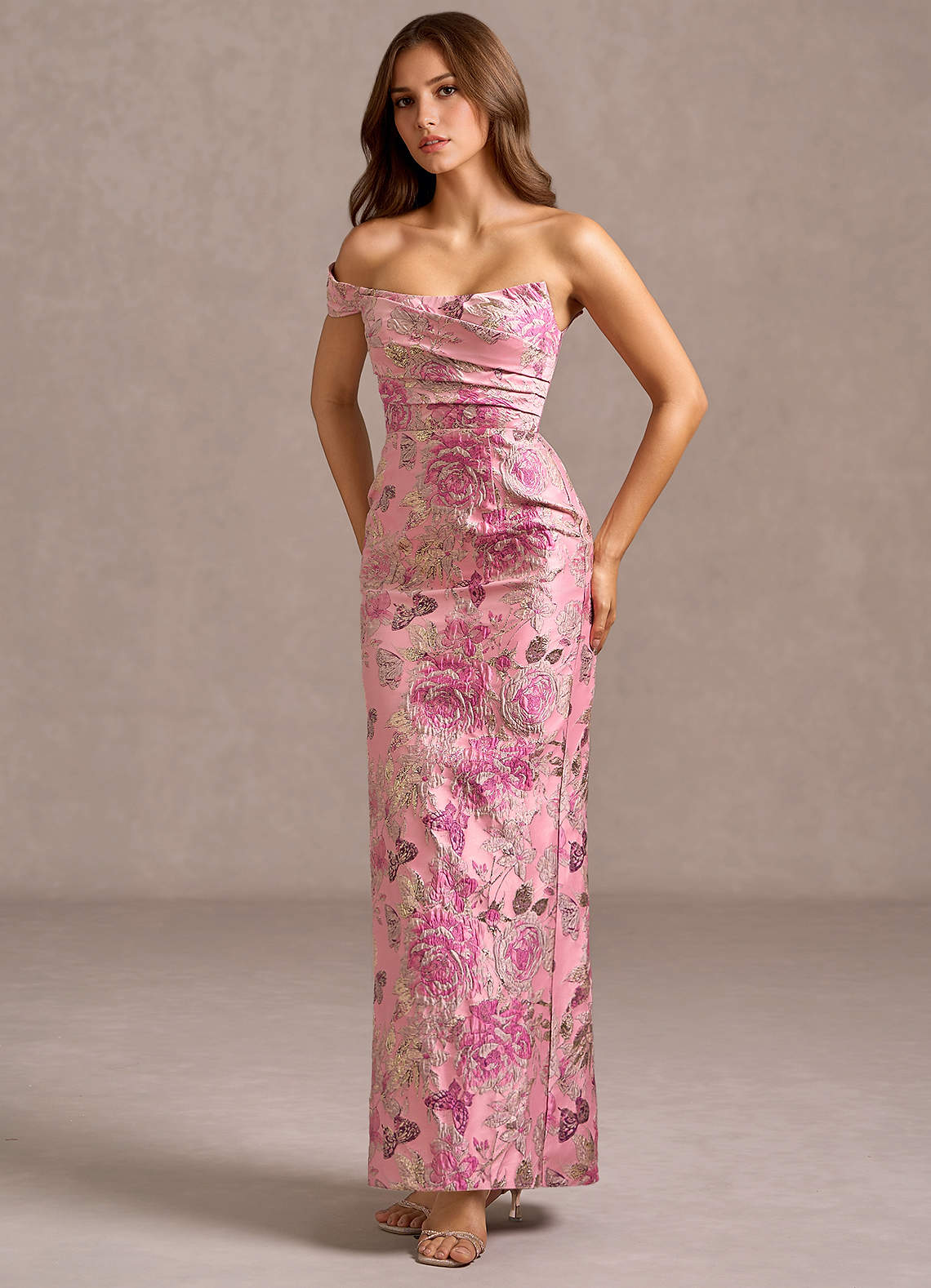 Azazie Rose Pink Off Shoulder Column Evening Dress / Gown