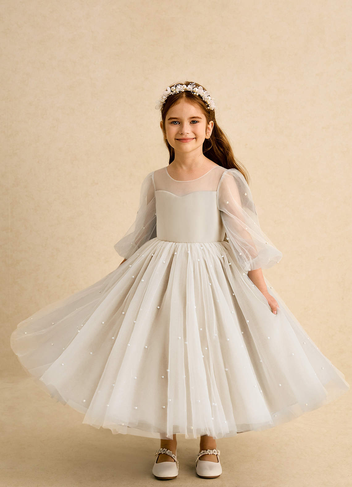 Azazie Trudy Flower Girl Dresses Champagne Ball-Gown Sweetheart Neckline Tulle Dress image4