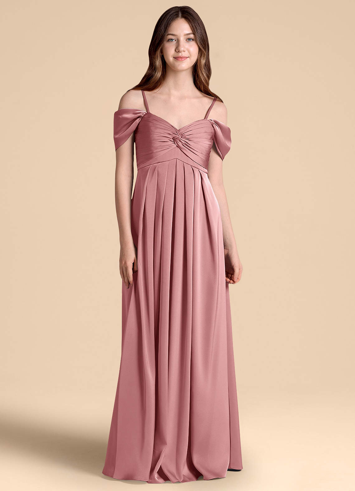 Azazie Kaitlynn Junior Abito A-Line in Raso Elasticizzato a Spalla Scoperta Rosa Polverosa image1