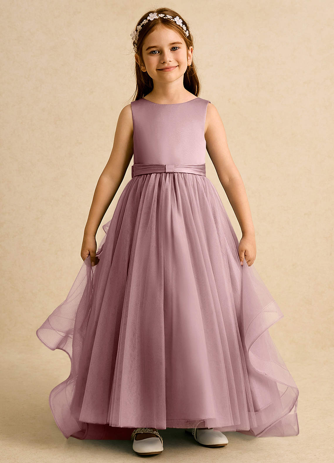 Azazie Lior Flower Girl Dresses Dusty Rose Ball-Gown Pleated Tulle Dress image1