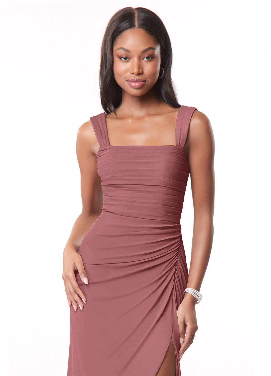Azazie Jesaphine Robes de demoiselle d'honneur Robe Fourreau en Maille Ruché Rose Du Désert image1