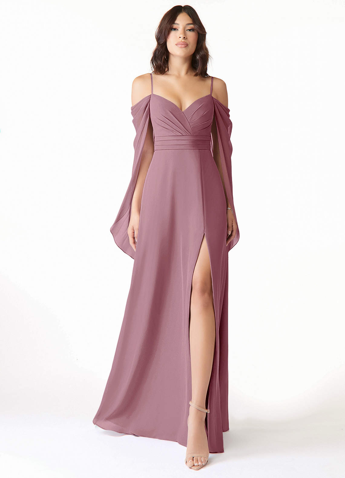Azazie Cienna Bridesmaid Dresses Vintage Mauve A-Line Off the Shoulder Chiffon Dress image1