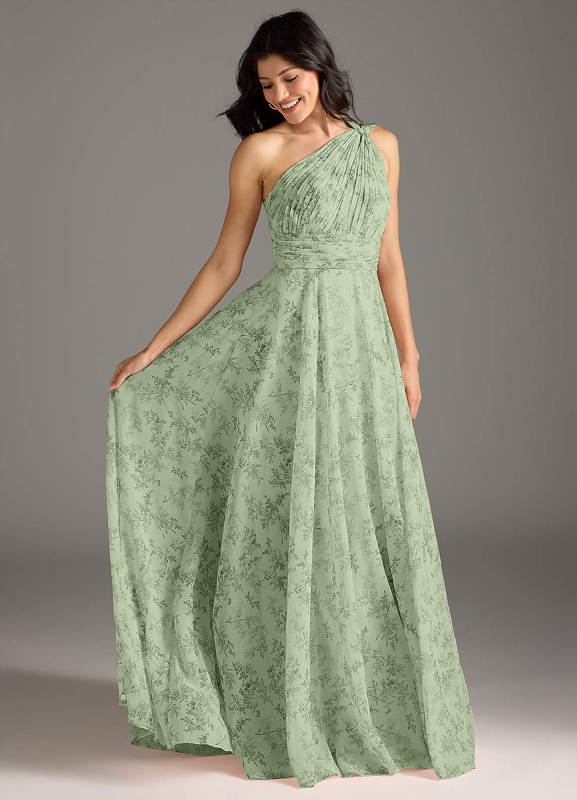 Azazie Charlize Jurken voor bruidsmeisjes Jurk van Chiffon met A-Lijn One-Shoulder Groene Varen Bloemen image1