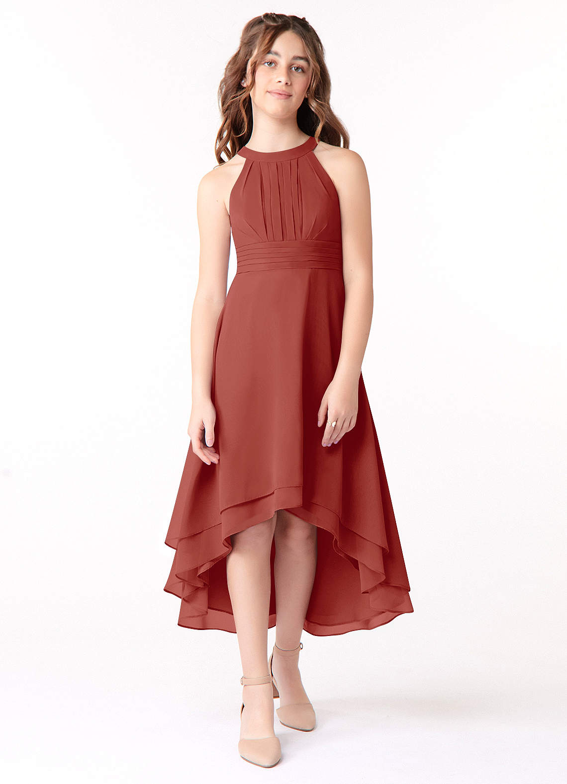 Azazie Linna Junior Terracotta A-Line Pleated Chiffon Dress image1