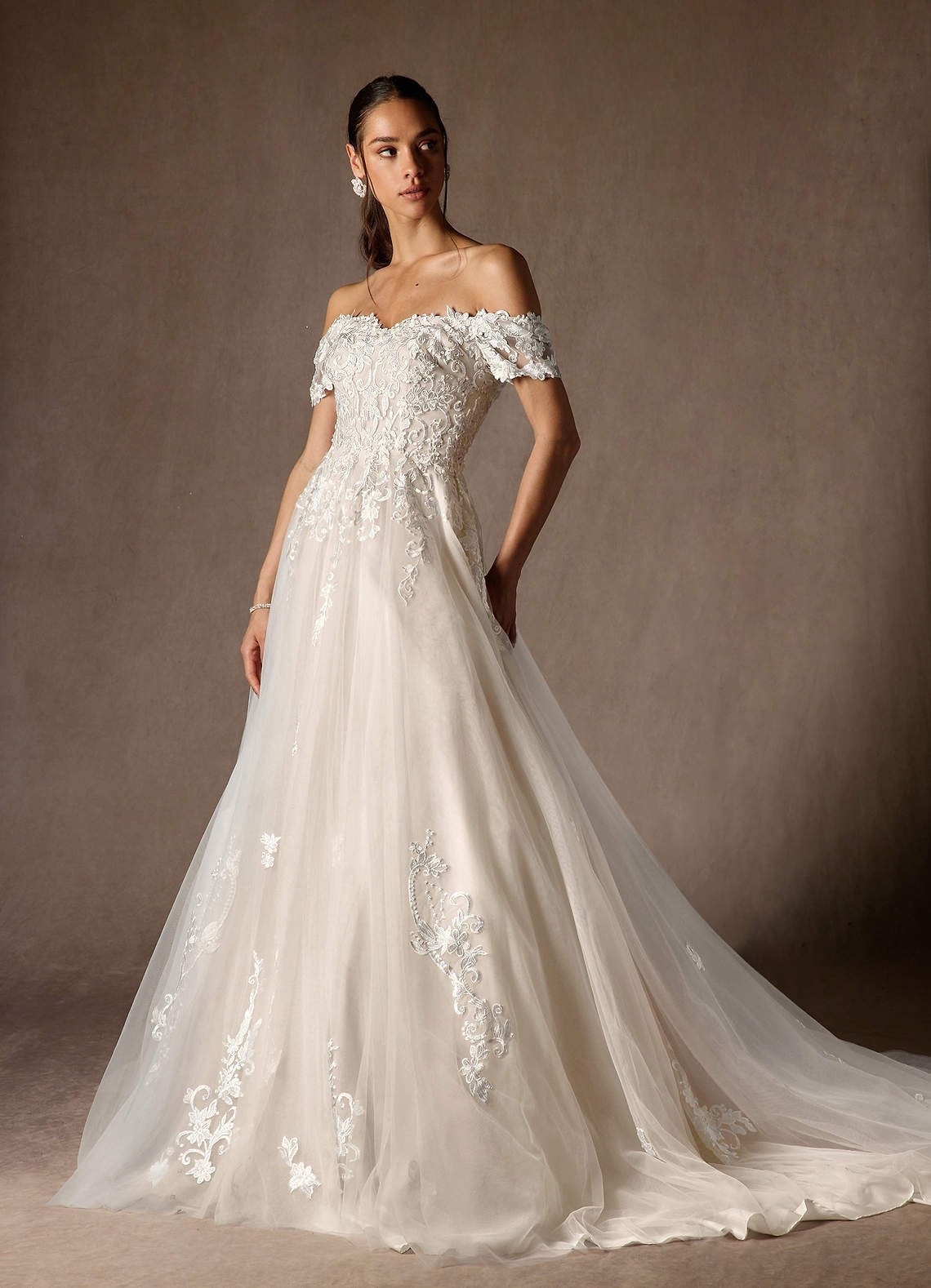 Azazie Rowe Wedding Dresses Diamond White Nude Ball-Gown Off the Shoulder Tulle Dress image11