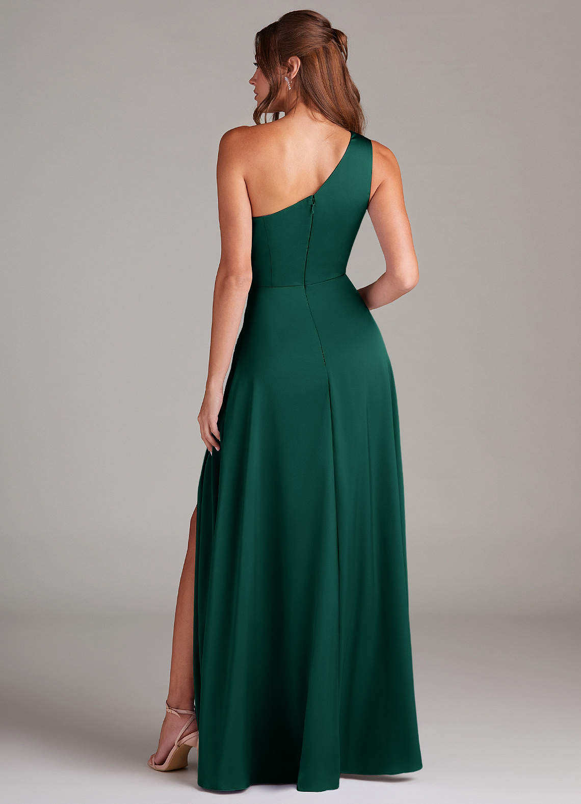 Azazie Brooke Bridesmaid Dresses Emerald A-Line One Shoulder Stretch Satin Dress image6