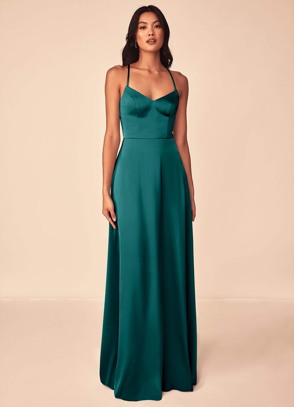 Azazie Mei Bridesmaid Dresses Peacock A-Line V-Neck Stretch Satin Dress image1