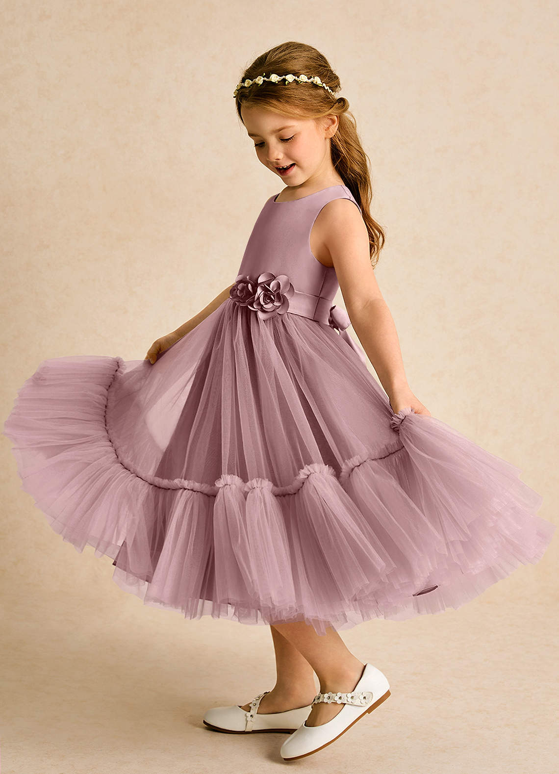 Azazie Miracle Robe Demoiselle D'honneur Fillette Robe Trapèze en Mat Satiné Arc Rose Poussiéreuse image1