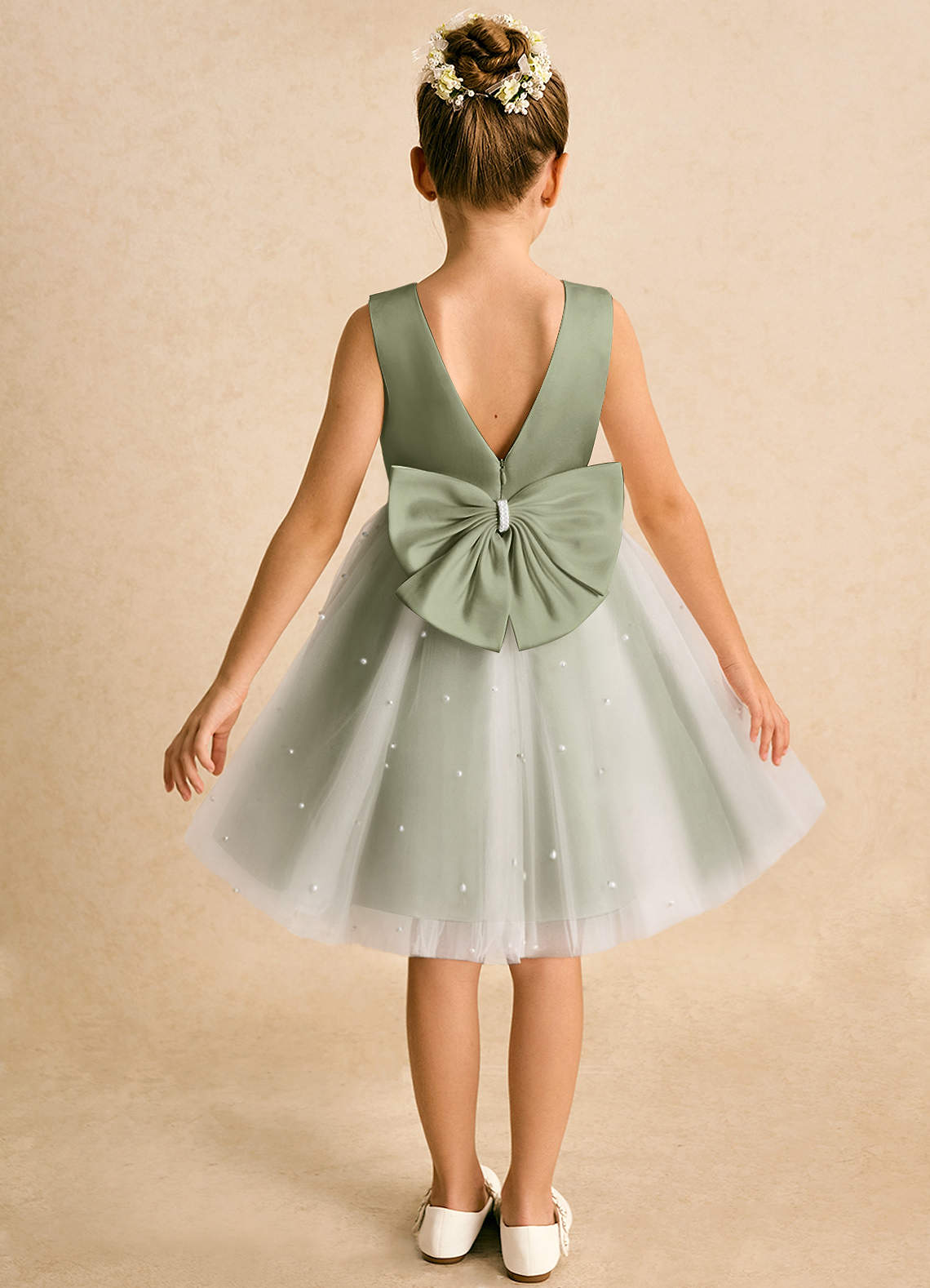 Azazie Esme Robe Demoiselle D'honneur Fillette Robe Princesse en Tulle Arc Ivoire Pistache image1