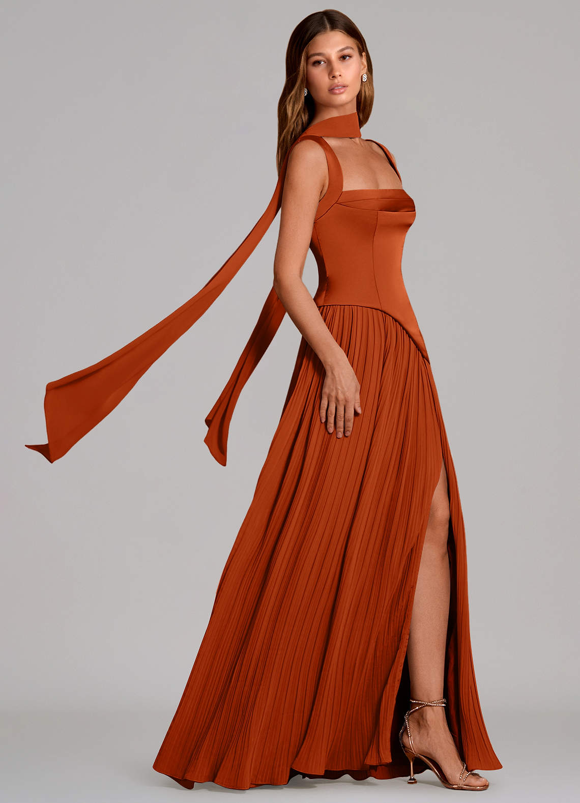 Azazie Stephanie Bridesmaid Dresses Burnt Orange A-Line Pleated Stretch Satin Dress image2