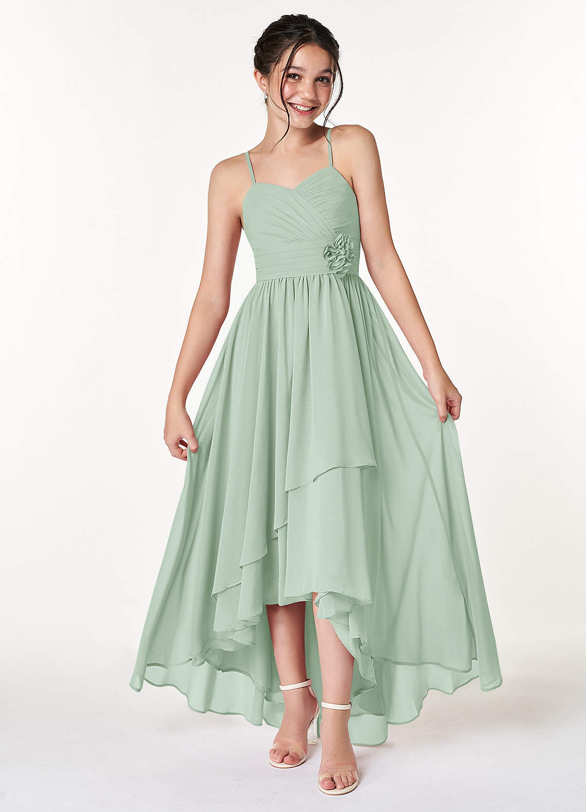 Azazie Catalina Junior Agave A-Line Ruched Chiffon Dress image1