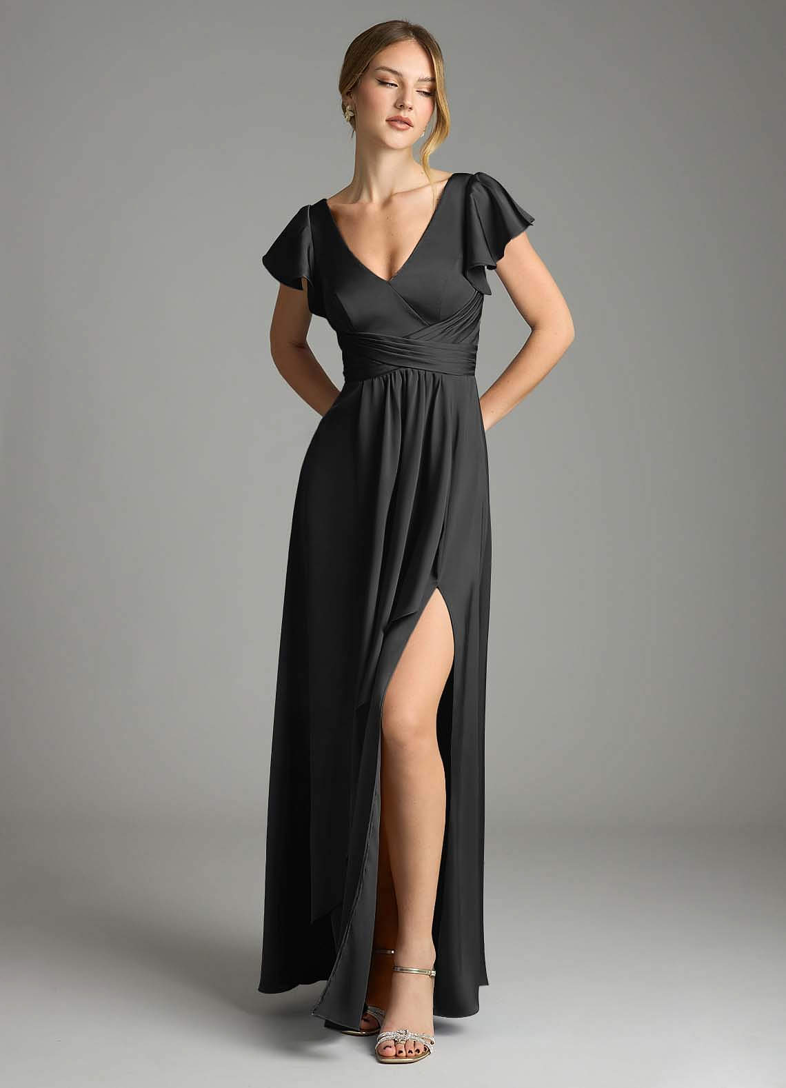 Azazie Plus Size A-Line V-Neck Floor-Length Stretch Satin Bridesmaid Dresses - Black Azazie Plus Size A-Line V-Neck Floor-Length Stretch Satin Bridesmaid Dresses - Black