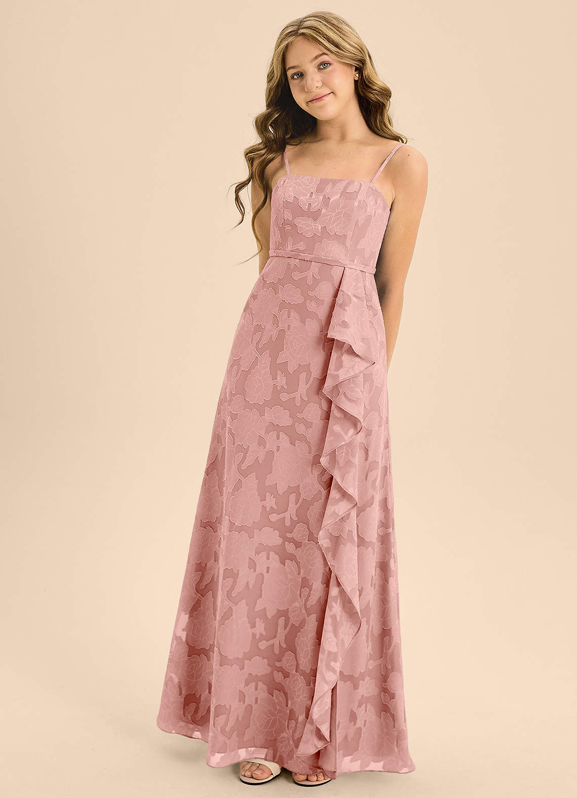 Azazie Kaylee Junior Abito A-Line in Burnout Floreale Con Cintura Rosetta image1