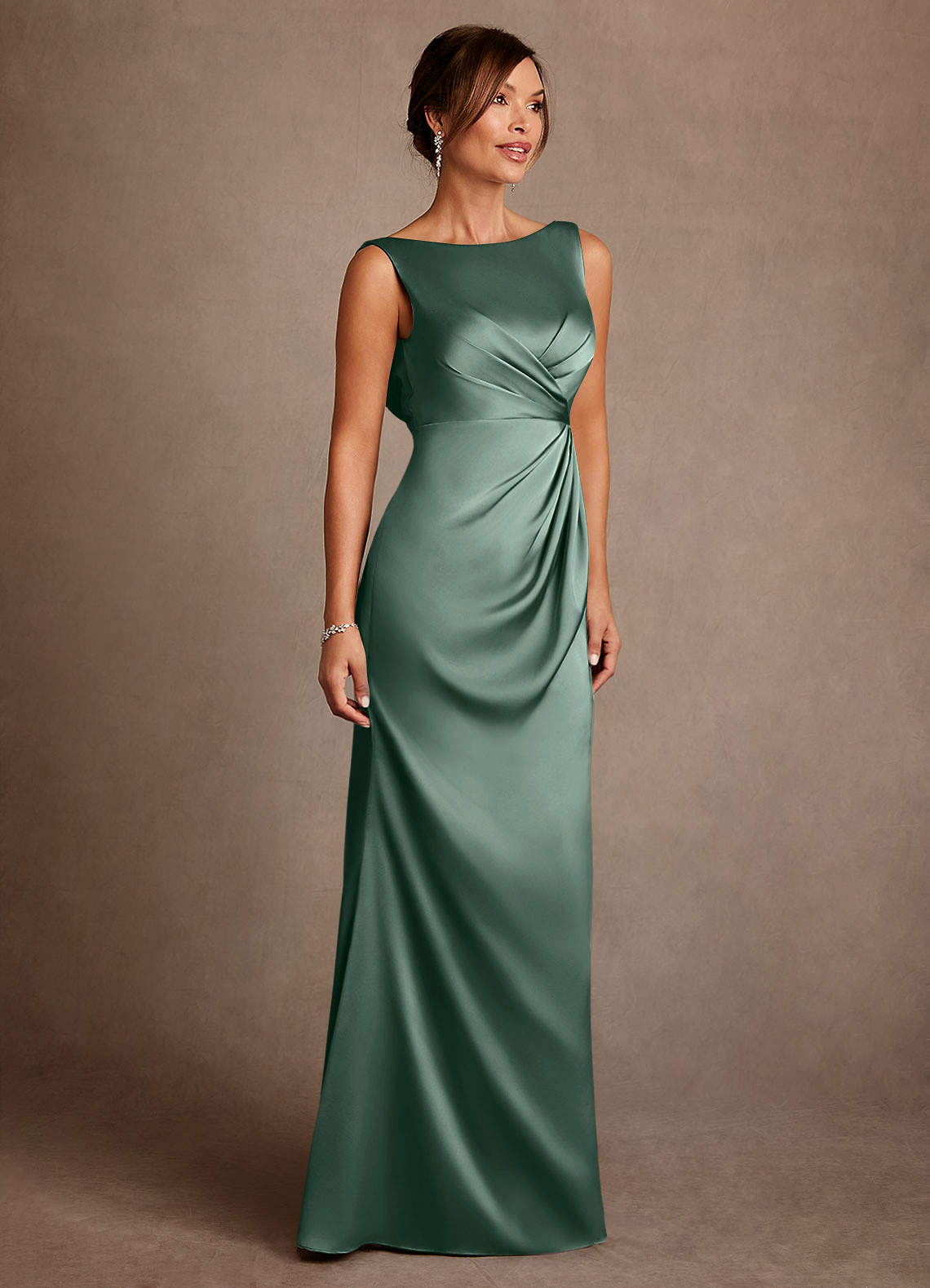 Azazie Baltimore Mother of the Bride Dresses Eucalyptus A-Line Pleated Stretch Satin Dress image3