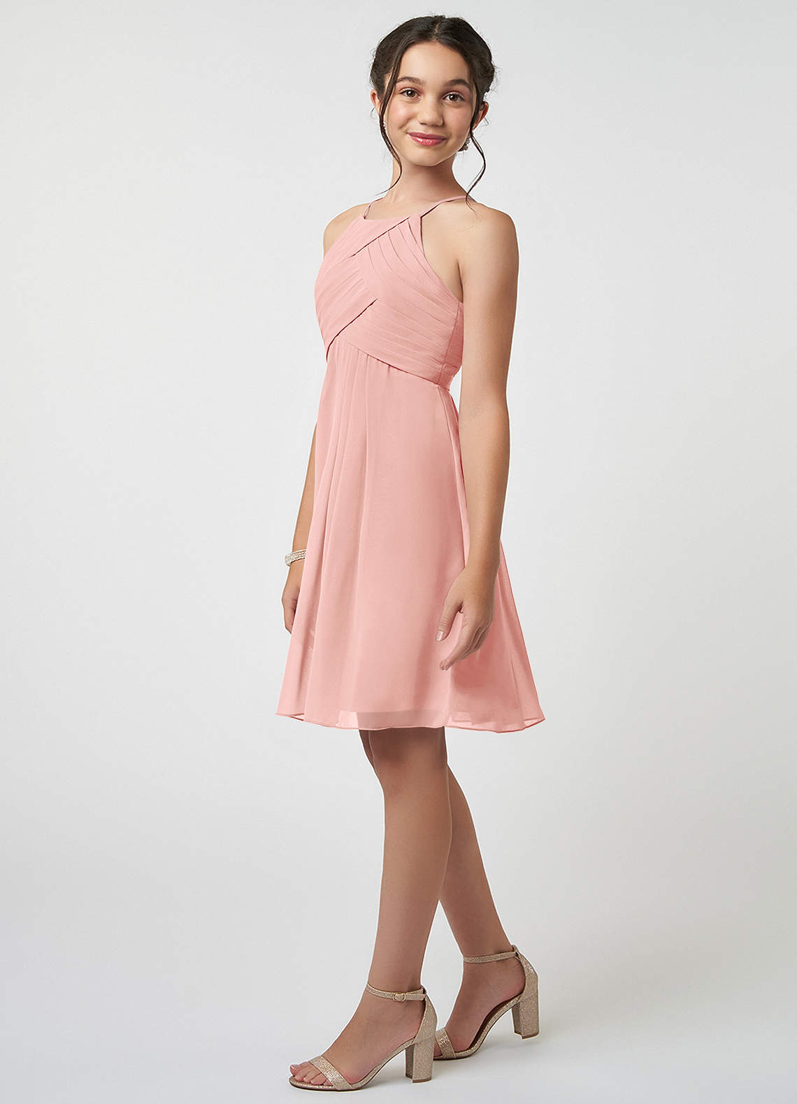 Azazie Ginny Junior Agave A-Line Pleated Chiffon Dress image2