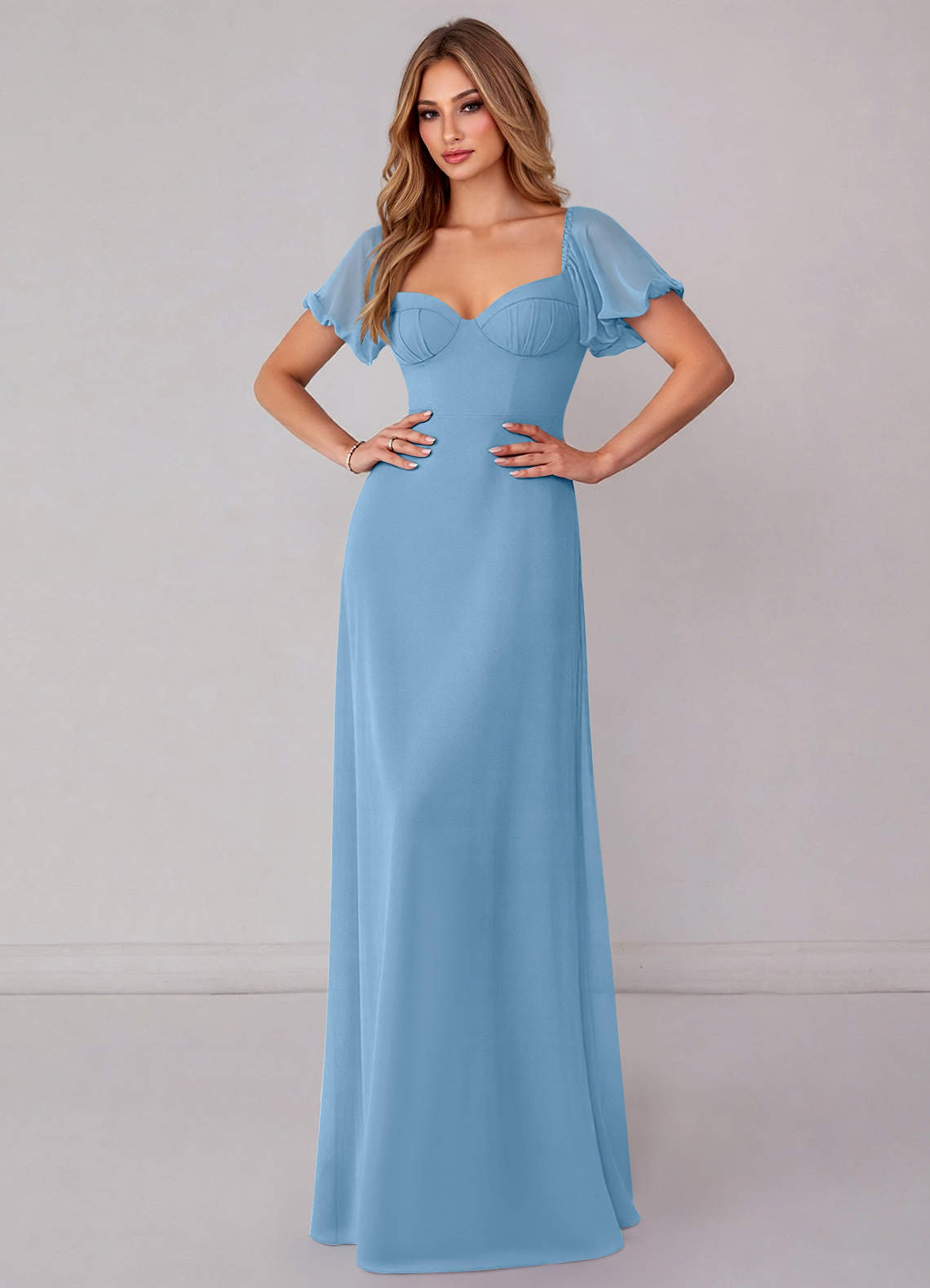 Azazie Fatima Robes de demoiselle d'honneur Robe Trapèze en Mousseline de soie avec poches Acier Bleuté image1