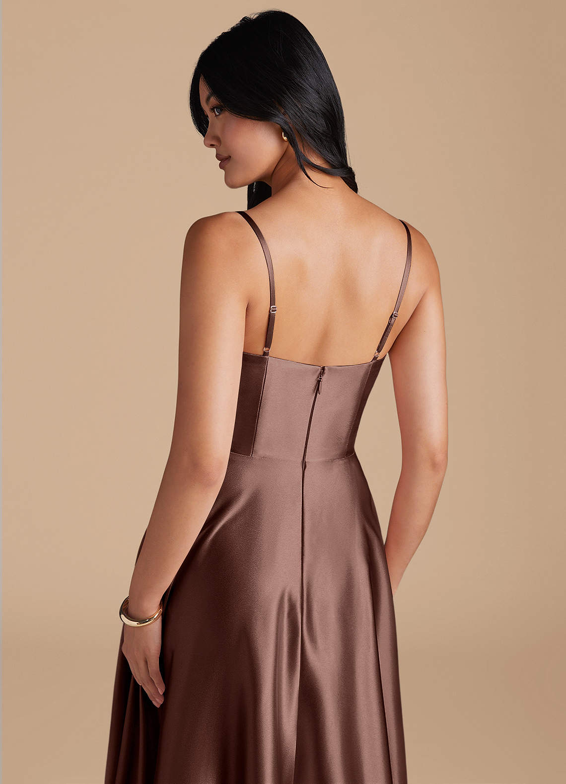 Azazie Elle Bridesmaid Dresses Espresso A-Line with Pockets Metallic Satin Dress image3