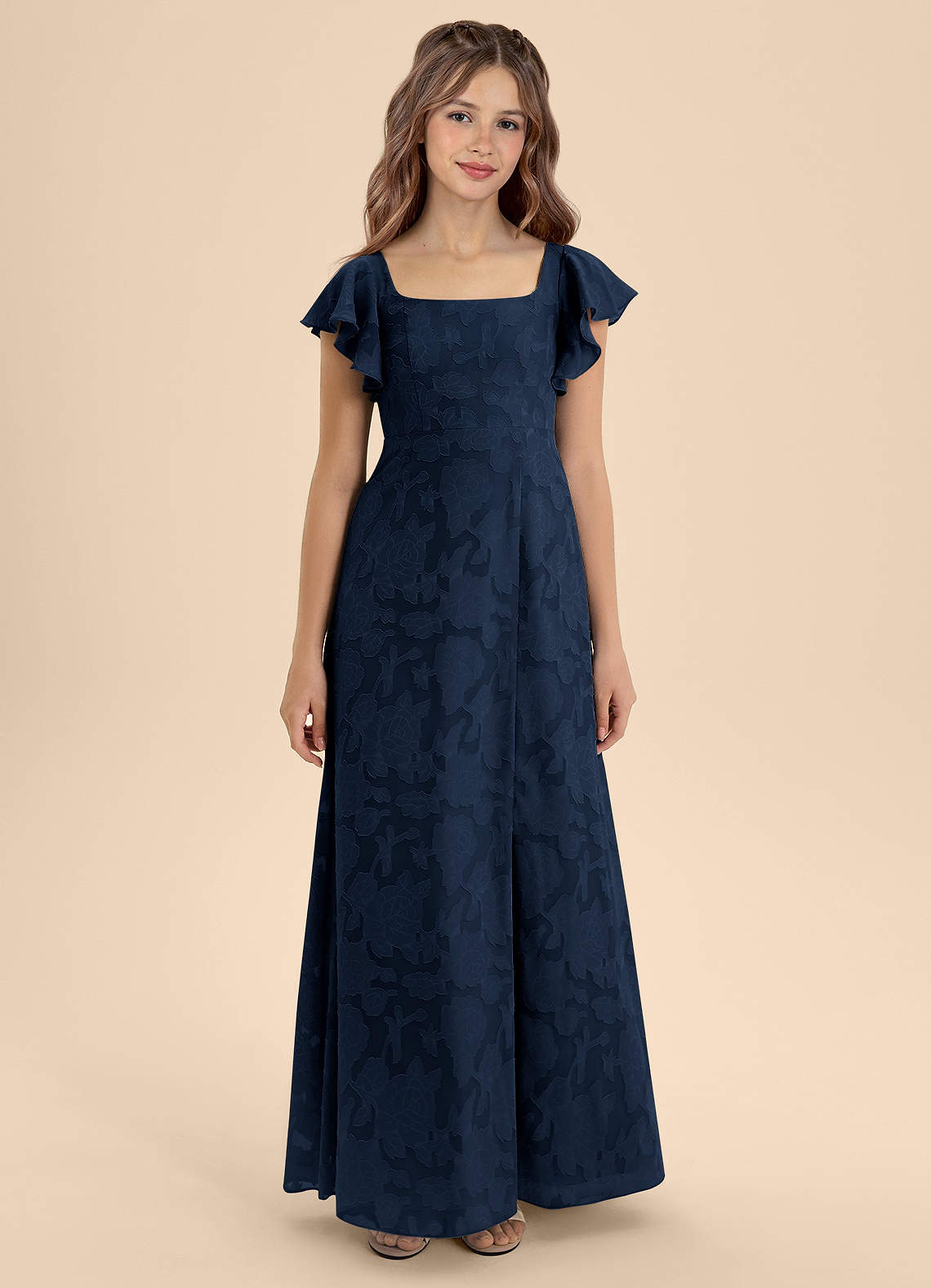 Azazie Bondi Junior Vestido de Azul Marino Oscuro de Devorado Floral de Corte En A con Lazo image4