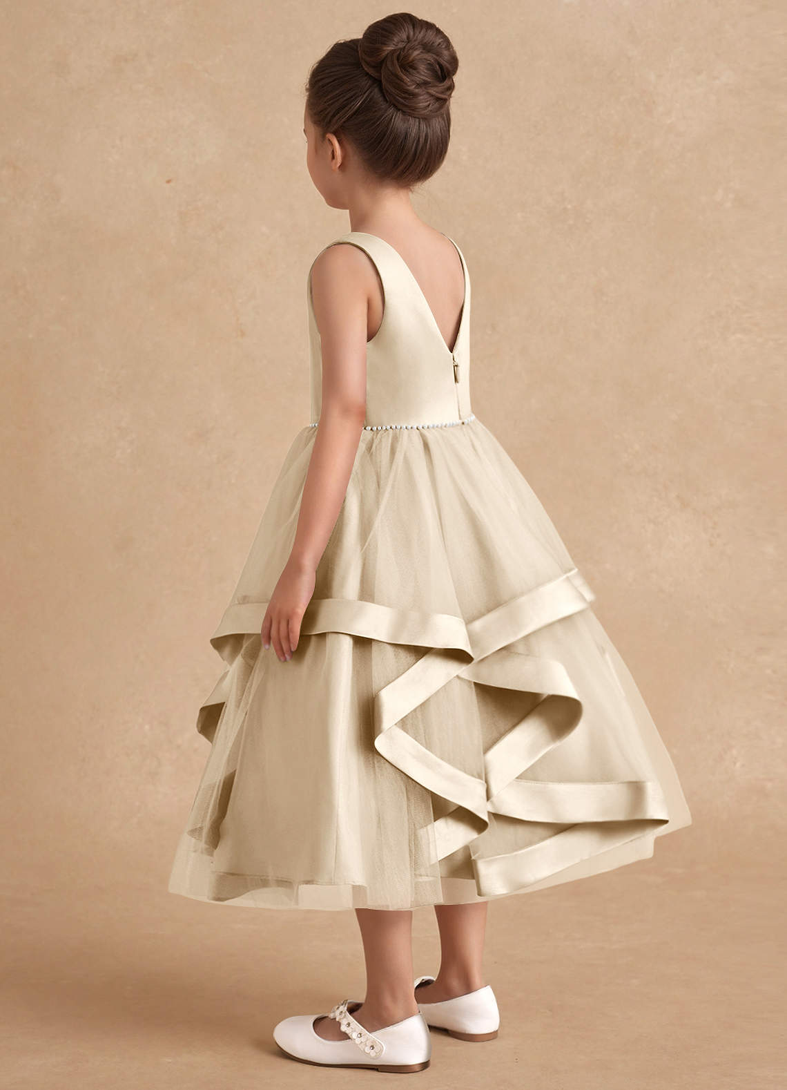 Azazie Posy Flower Girl Dresses Champagne A-Line Beaded Tulle Dress image1