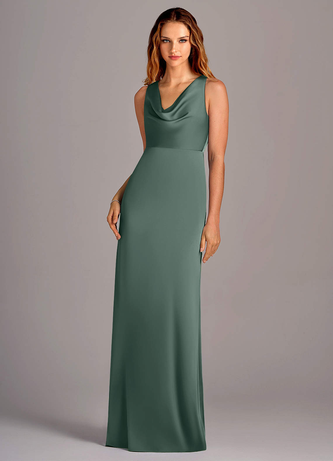 Azazie Wrenlee Bridesmaid Dresses Sea Moss A-Line Stretch Satin Dress image1