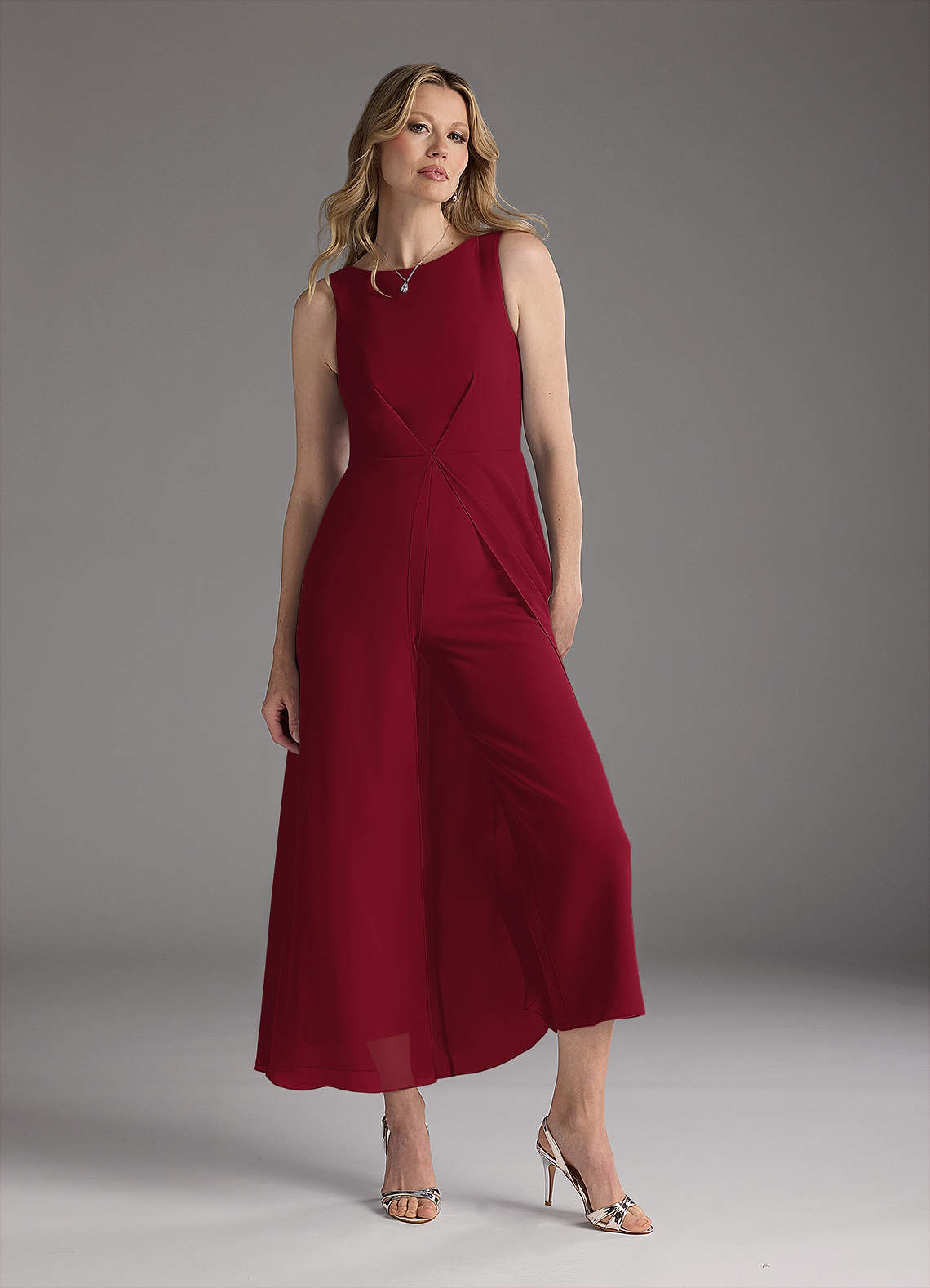 formal dress coat design Elegant Halter Ruched Satin Jumpsuit For Bridesmaids With Pockets, Burgundy main image 0
