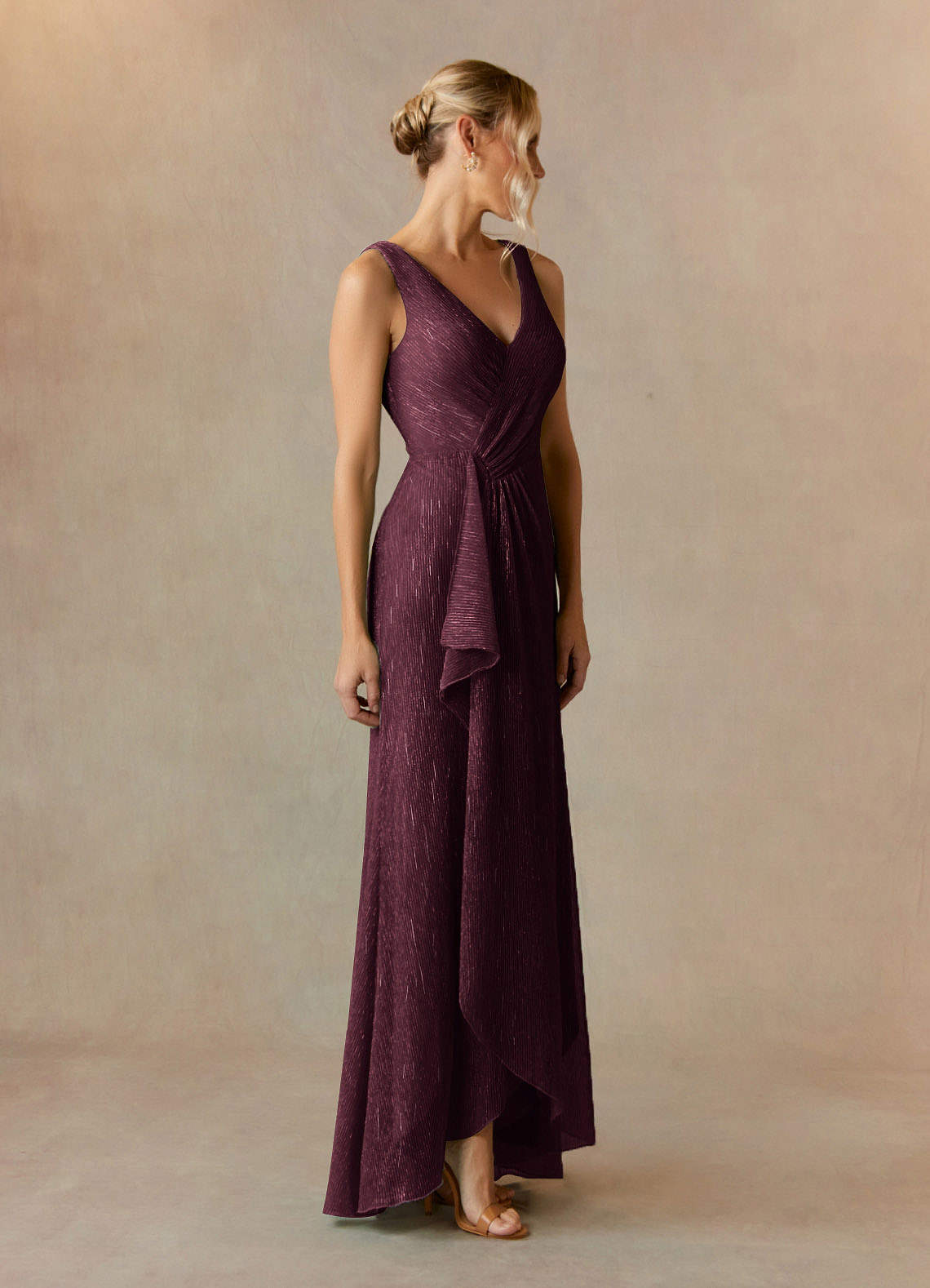 Upstudio Tuscon Mother of the Bride Dresses A-Line V-Neck Ruched Metallic Mesh Asymmetrical Dress image1