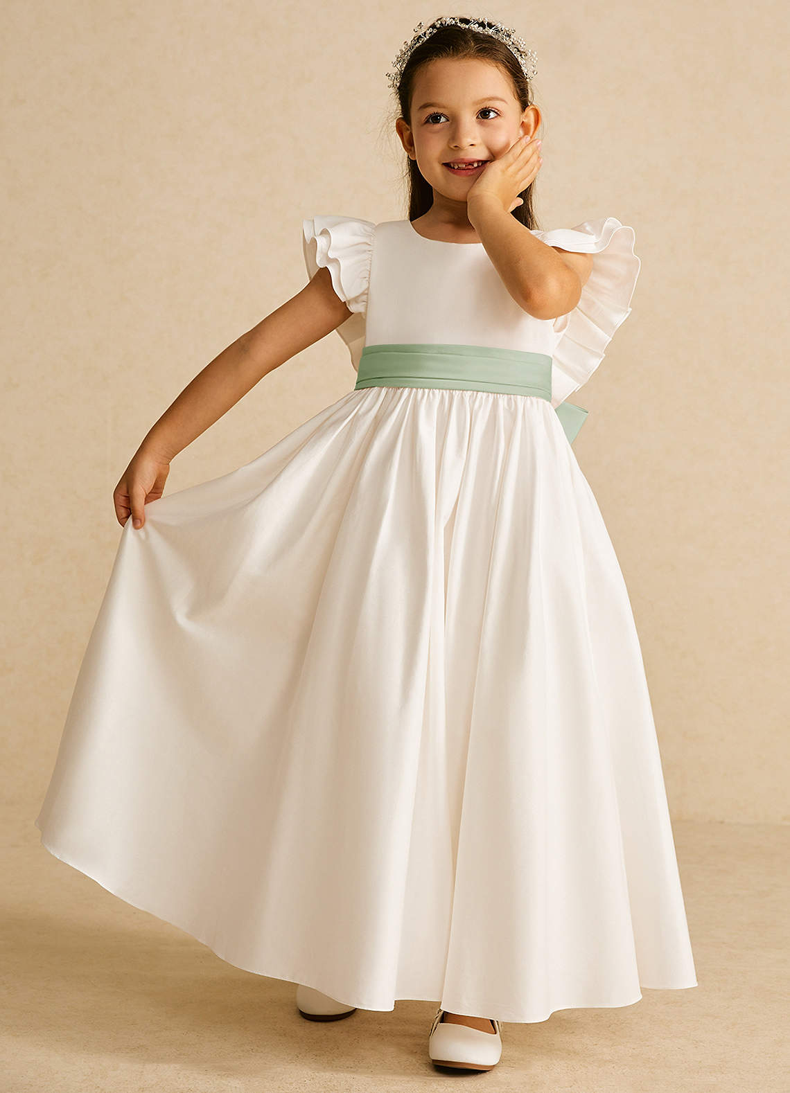 Azazie Aero Flower Girl Dresses Ivory Dusty Sage A-Line Pleated Cotton Dress image5