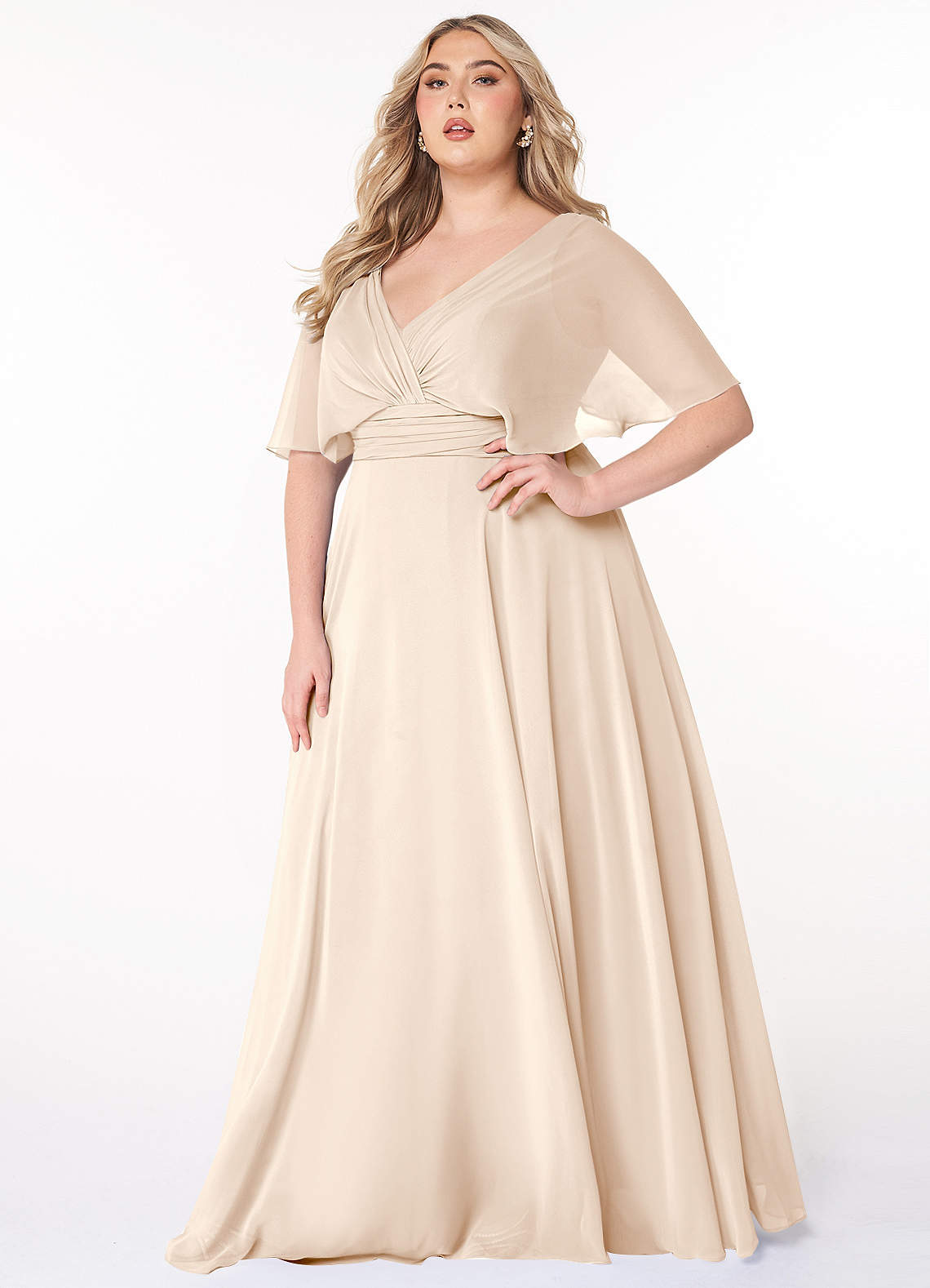 Azazie Pamela Robes de demoiselle d'honneur Robe Trapèze en Mousseline de soie Col V plissé Albâtre Blanc image1