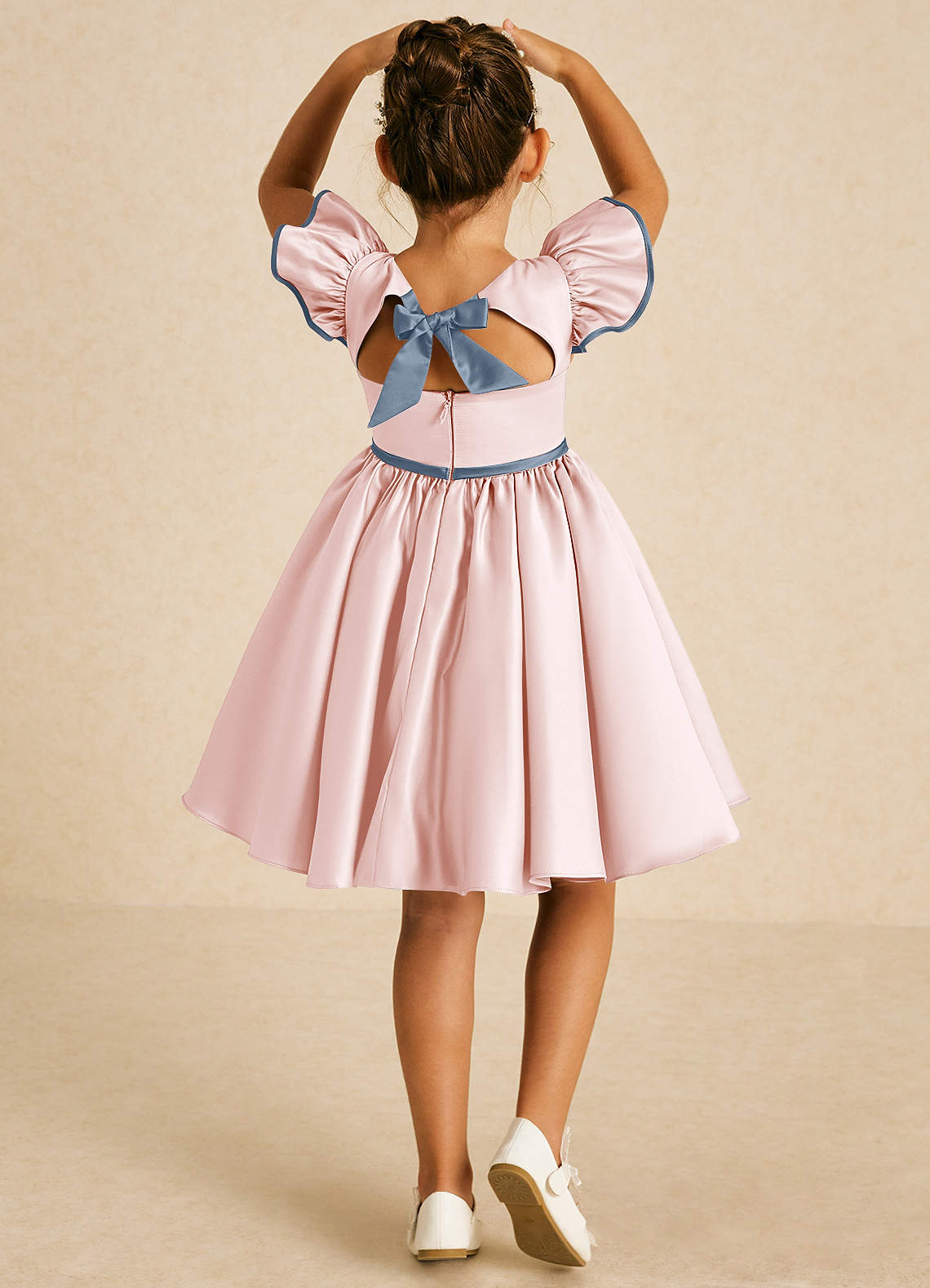 Azazie Sugar Plum Flower Girl Dresses Blushing Pink Dusty Blue A-Line Bow Matte Satin Dress image1