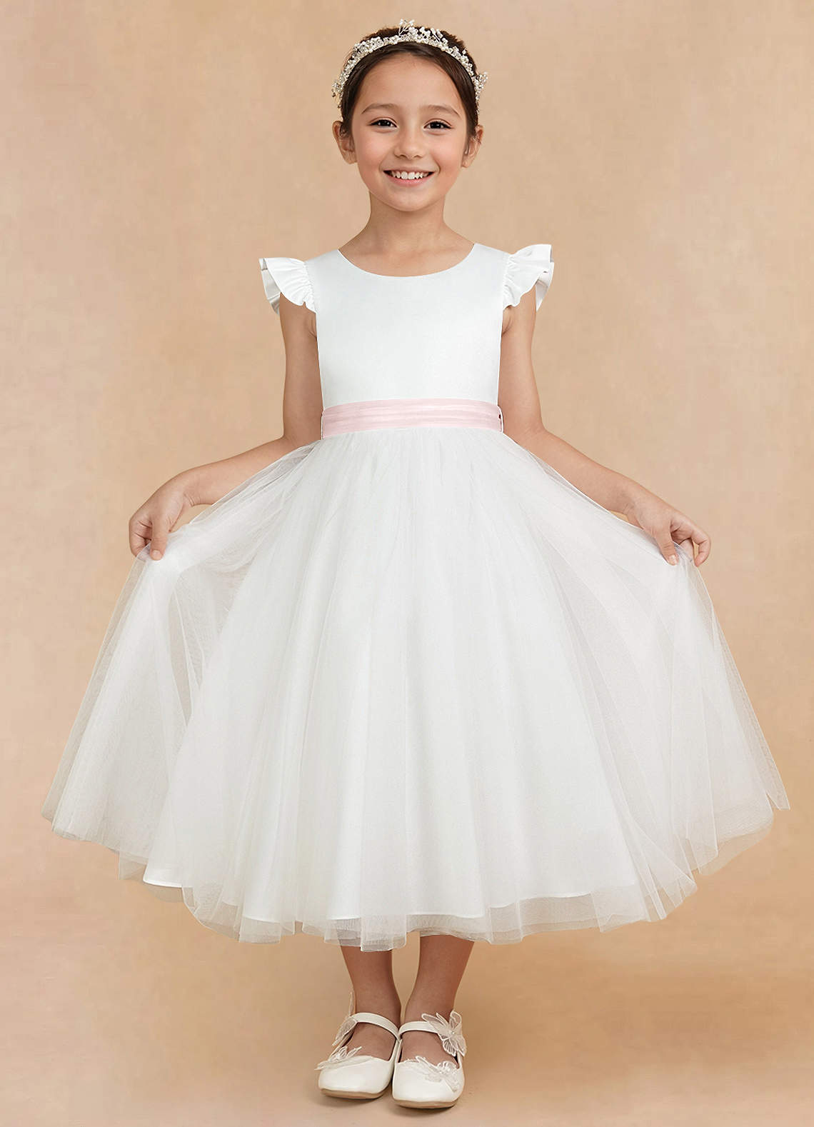 Azazie Hemi Flower Girl Dresses Ivory Blushing Pink A-Line Bow Tulle Dress image1