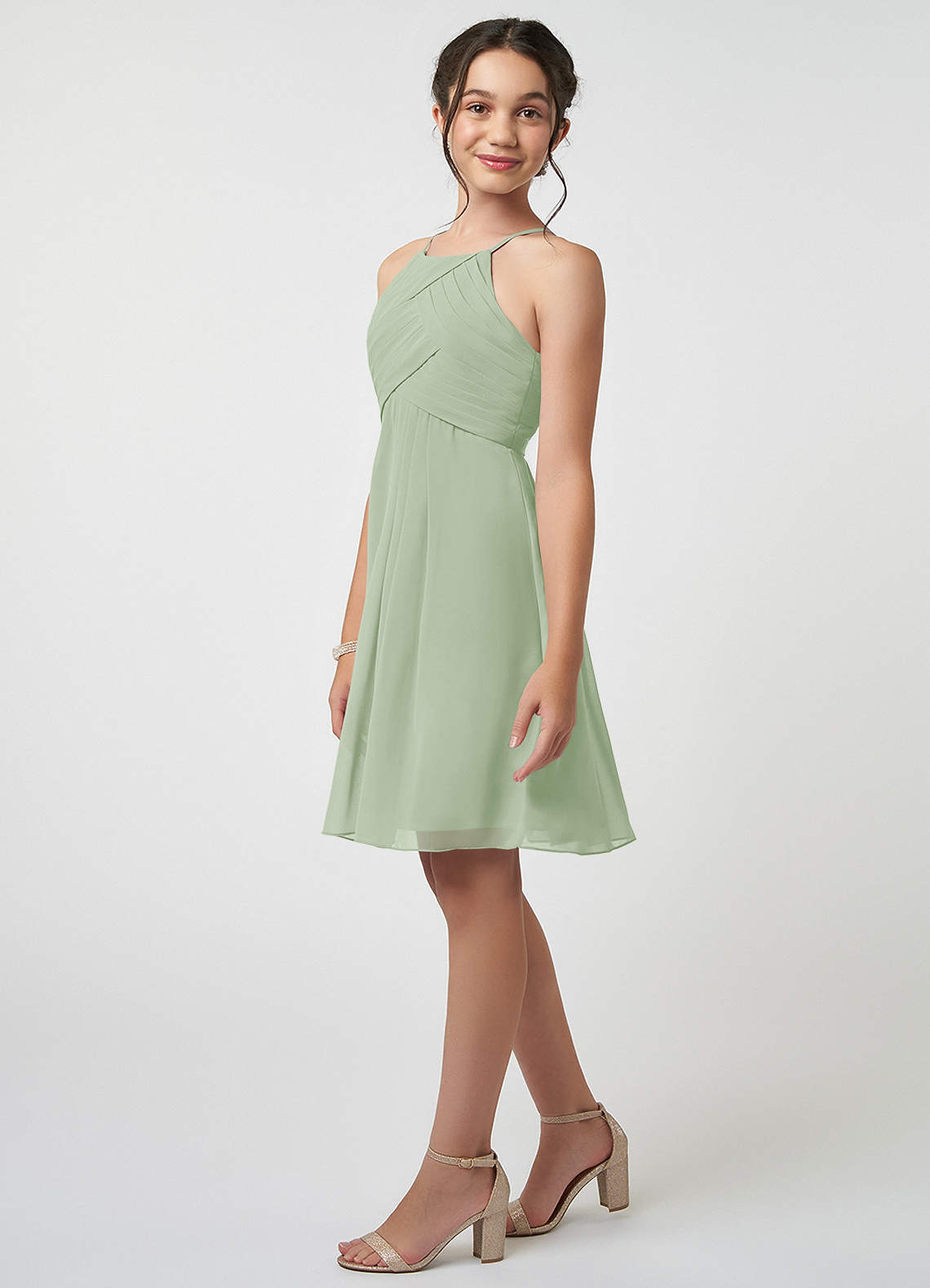 Azazie Ginny Junior Dusty Sage A-Line Pleated Chiffon Dress image2