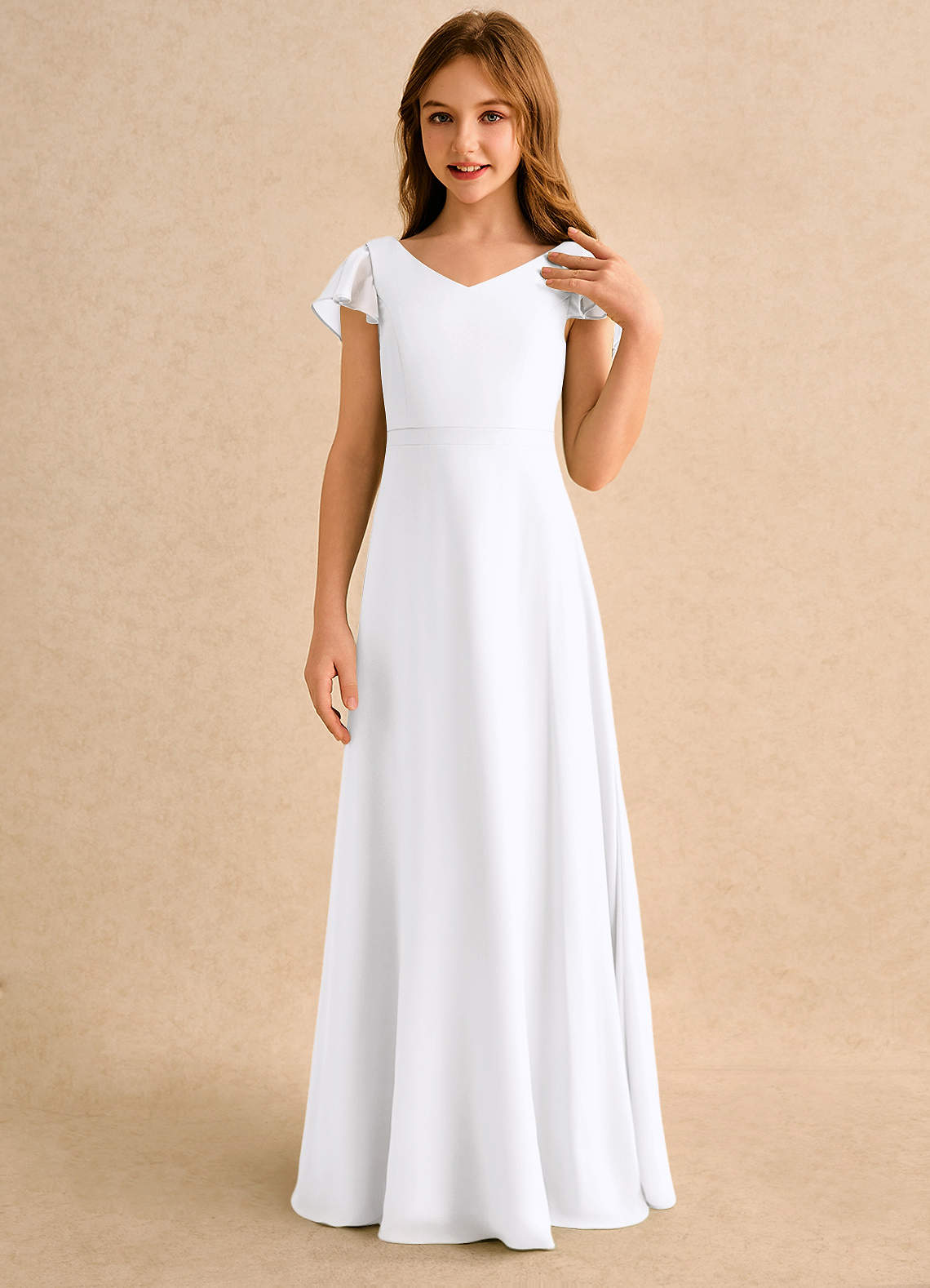Azazie Nari Girls Formal Kukkatyttöjen mekot A-linja hihoilla Sifonki Lattian pituus Pukeutua image4