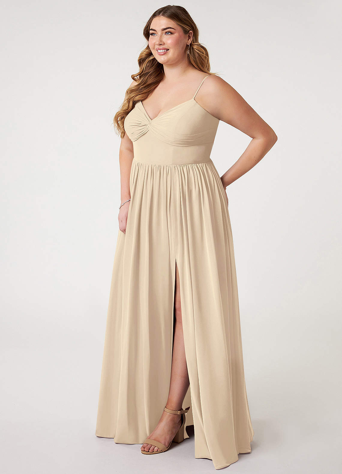 Azazie Zeya Bridesmaid Dresses Champagne A-Line V-Neck Pleated Chiffon Dress image7