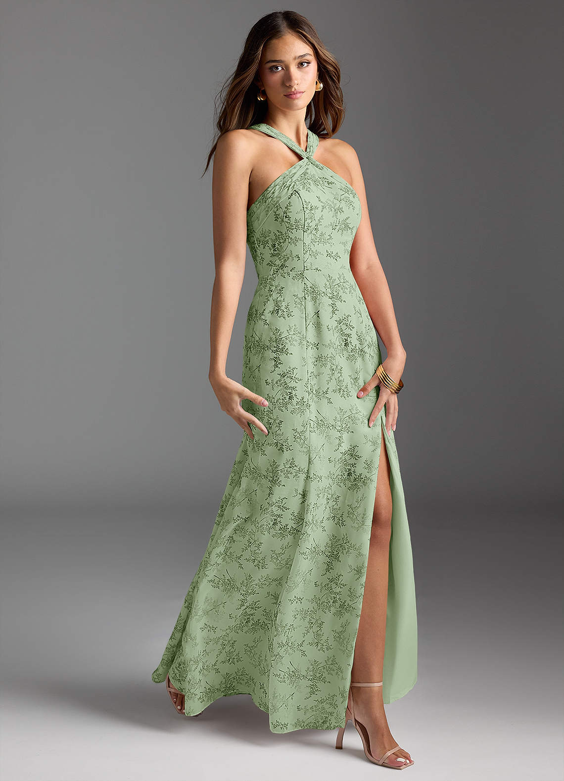 Azazie Rue Bridesmaid Dresses Green Fern Floral A-Line Halter Chiffon Dress image2