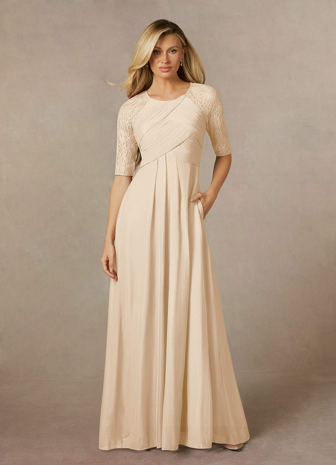 Azazie Raelyn Mother of the Bride Dresses Champagne A-Line Lace Mesh Dress image1