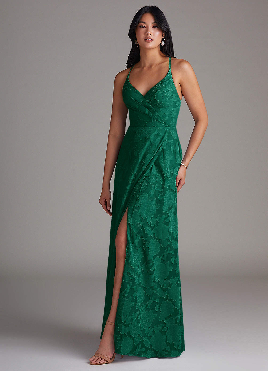 emerald green floral bridesmaid dresses Azazie Davis