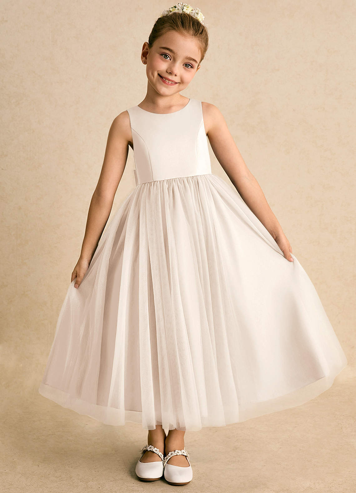 Azazie Solia Flower Girl Dresses White Alabaster Ball-Gown Bow Tulle Dress image4