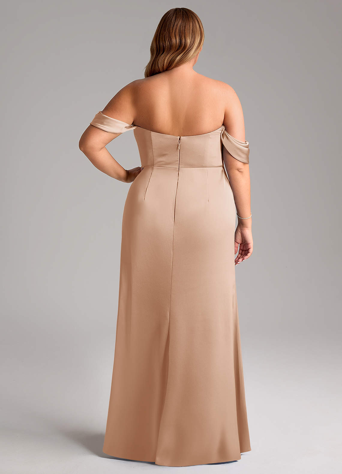 Azazie Saige Bridesmaid Dresses English Rose Sheath Off the Shoulder Stretch Satin Dress image11