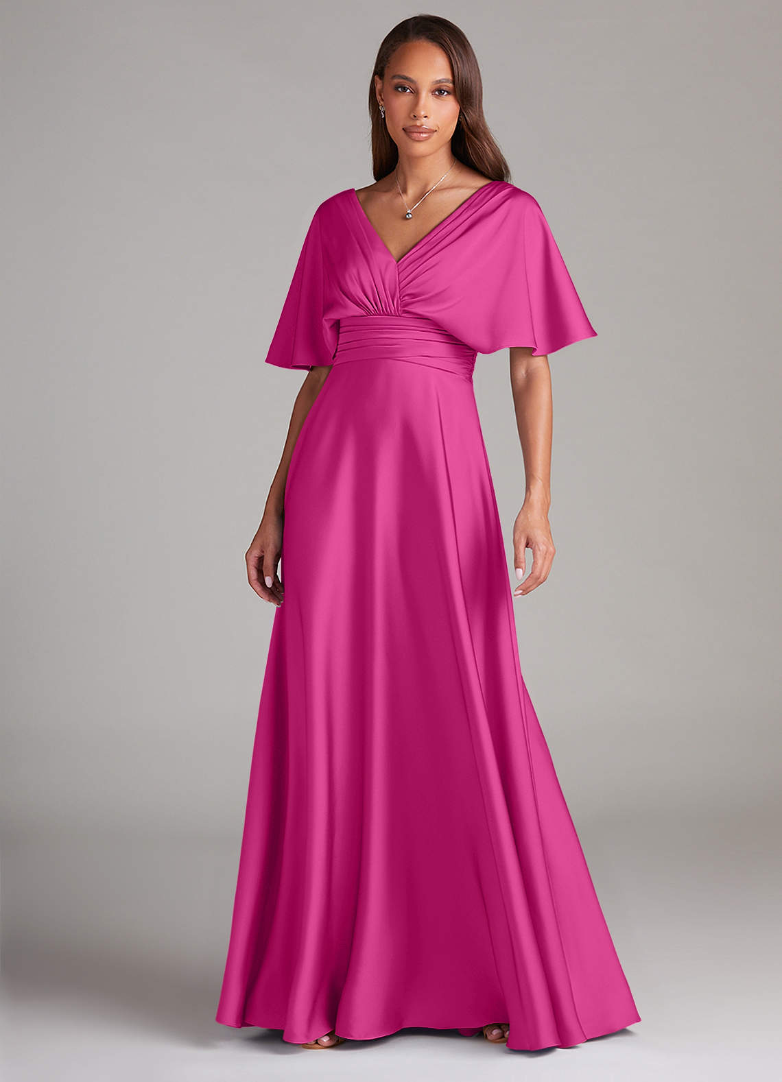 Azazie Pamela Robes de demoiselle d'honneur Robe Trapèze en Satin extensible Plissée Fuchsia image1